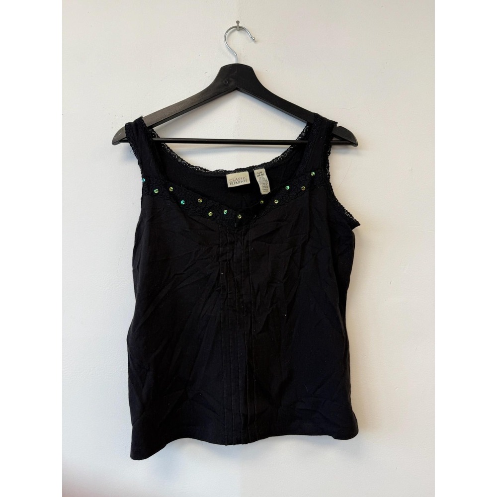 Vintage Classics Elements Tank Top Womens Large Black Lace Trim Sequin Y2K
